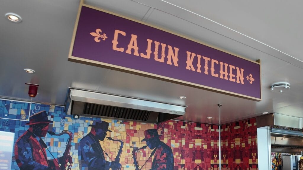 The Cajun Kitchen sign and its blue and red jazz musician mural in the AquaDome Market on Legend of the Seas.