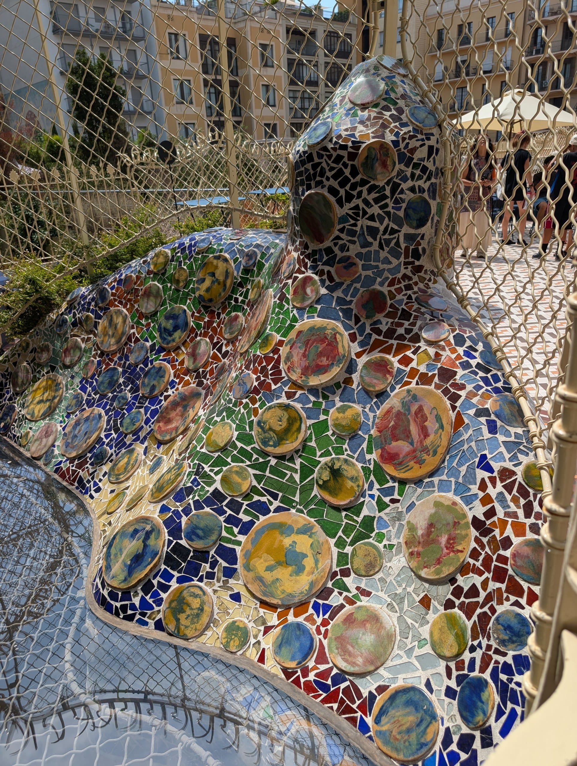 Broken tile trencadís mosaic on the rear terrace at Casa Batlló