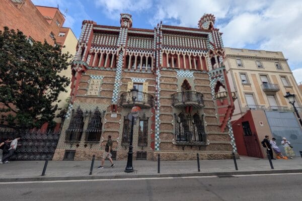 The full facade of Casa Vicens, Gaudi's first house, seen from the street corner in Gracia, Barcelona.