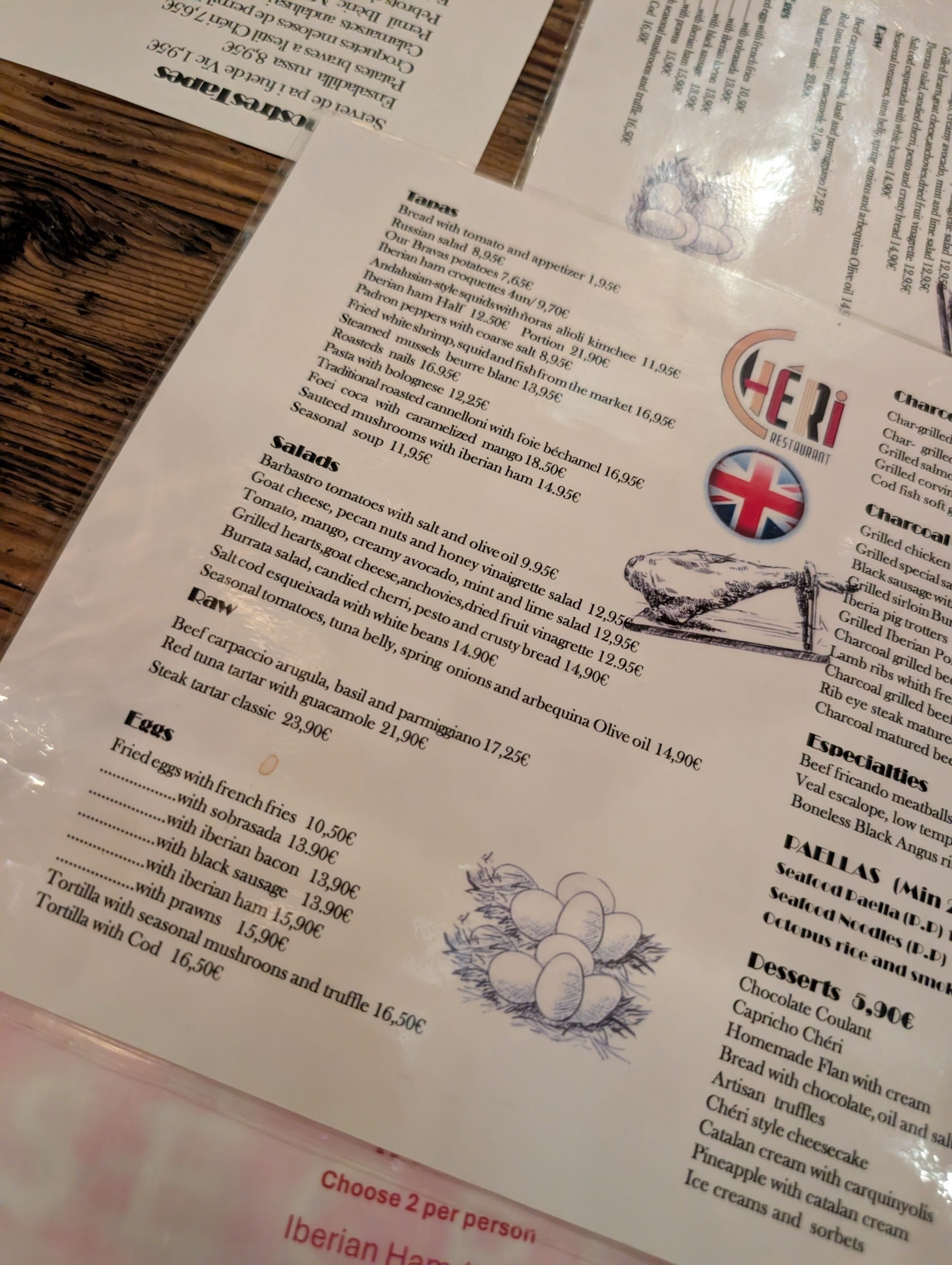 The English language menu at Cheri Barcelona