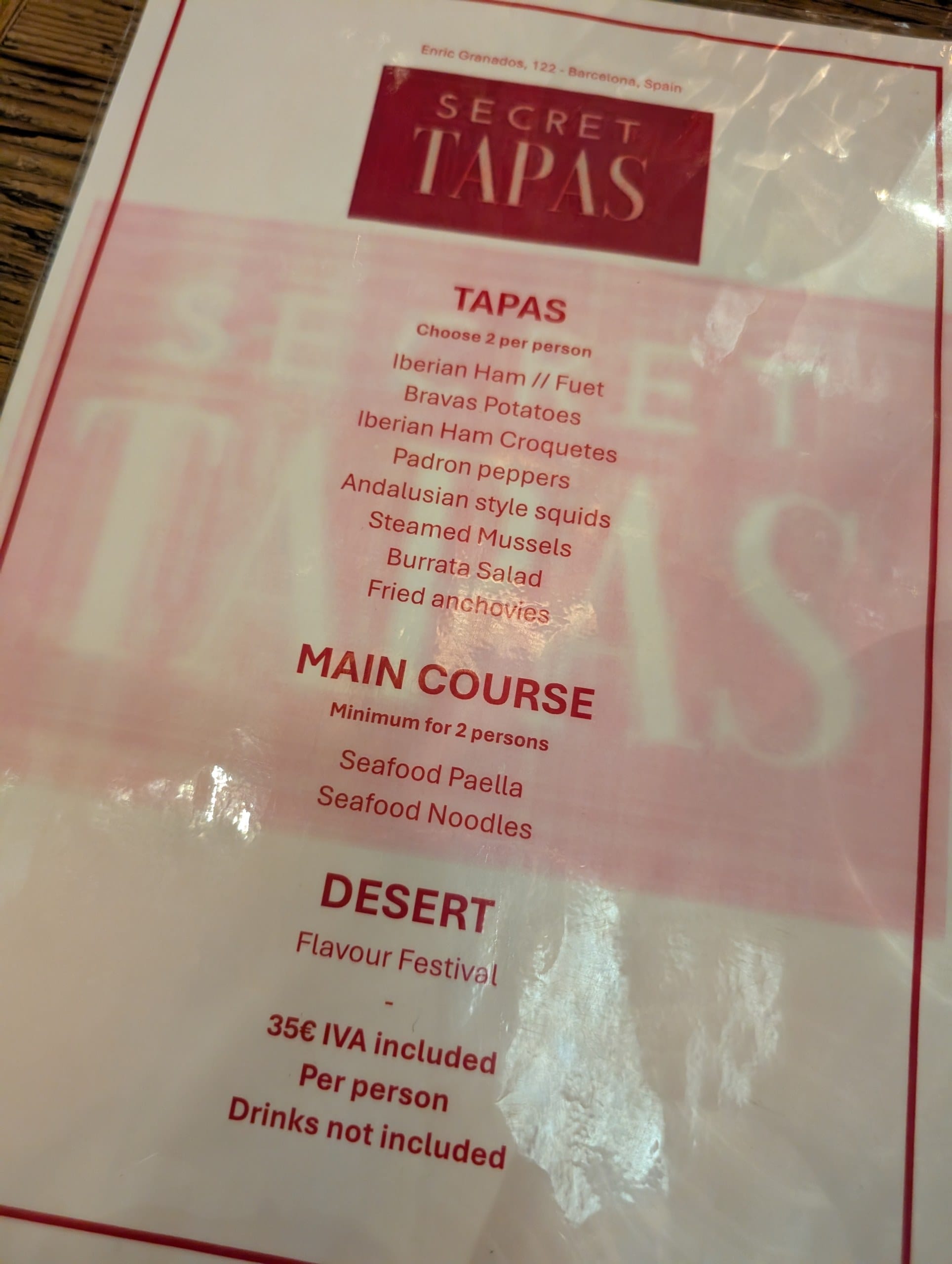The Secret Tapas set menu at Cheri Barcelona, 35 euros per person with drinks not included