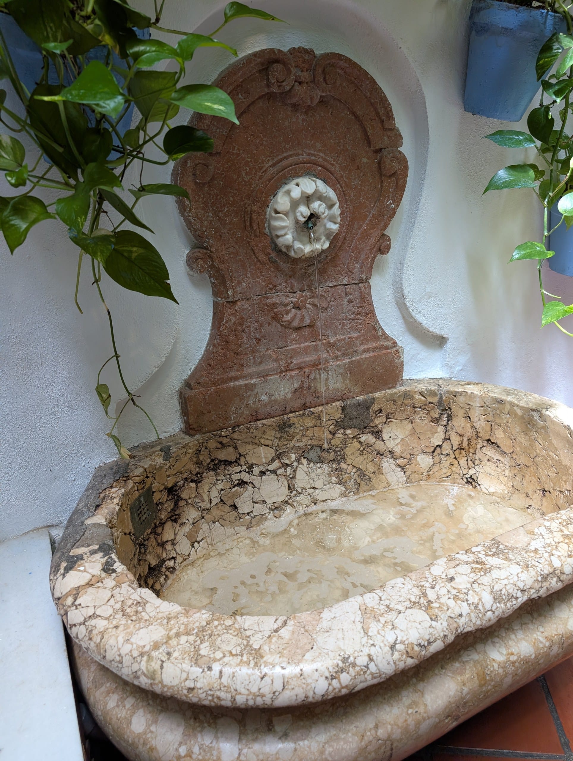 Carved marble wall fountain with running water in a corner at El Pimpi in Málaga