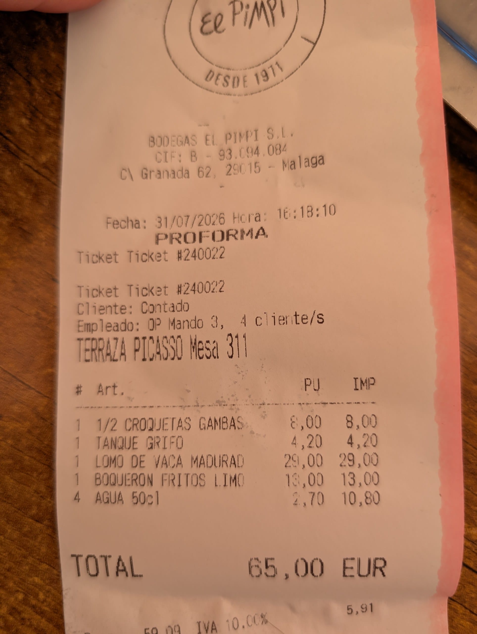 Itemized El Pimpi receipt from the Terraza Picasso showing a total of 65,00 EUR for four people
