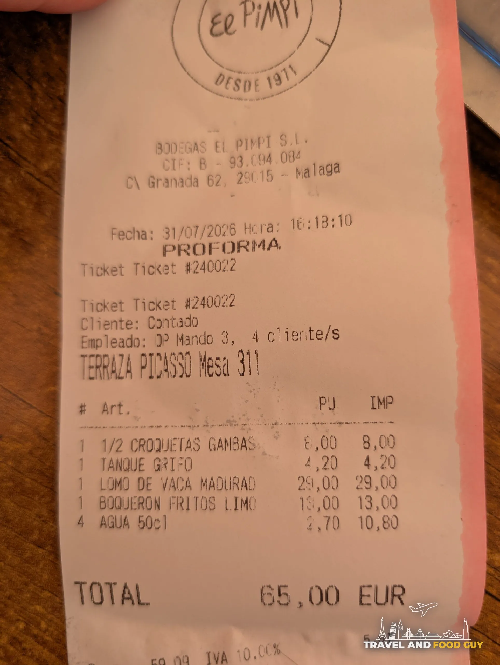 Itemized El Pimpi receipt from the Terraza Picasso showing a total of 65,00 EUR for four people