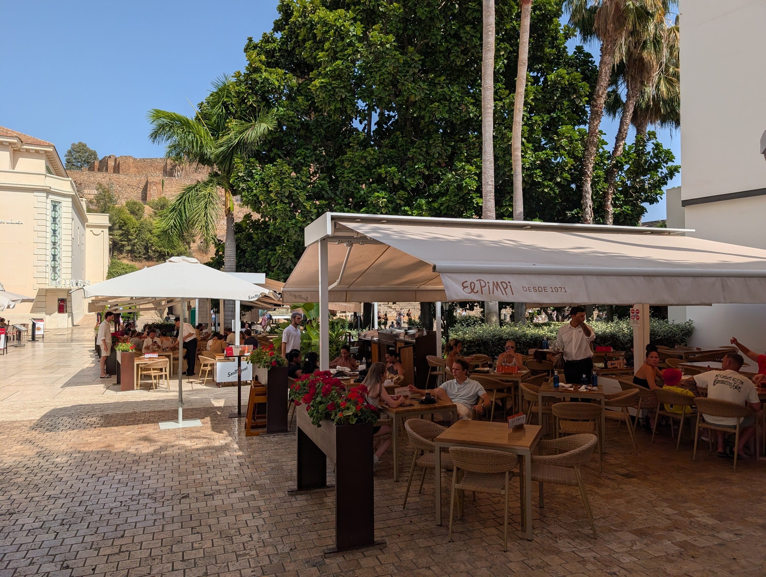 El Pimpi terrace in Malaga below the walls of the Alcazaba