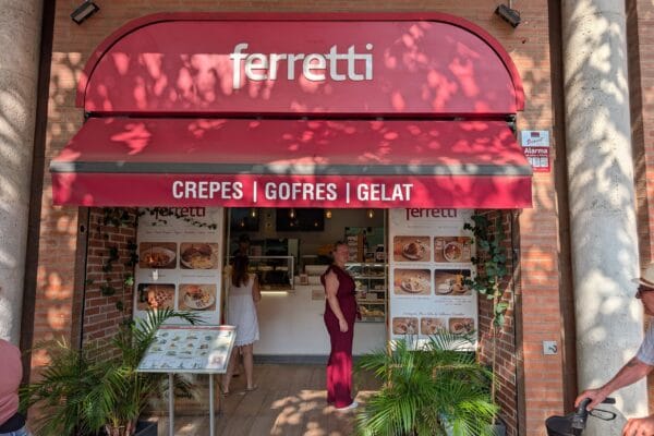The Ferretti Poble Nou storefront on Carrer de Llull, awning reading crepes, gofres and gelat
