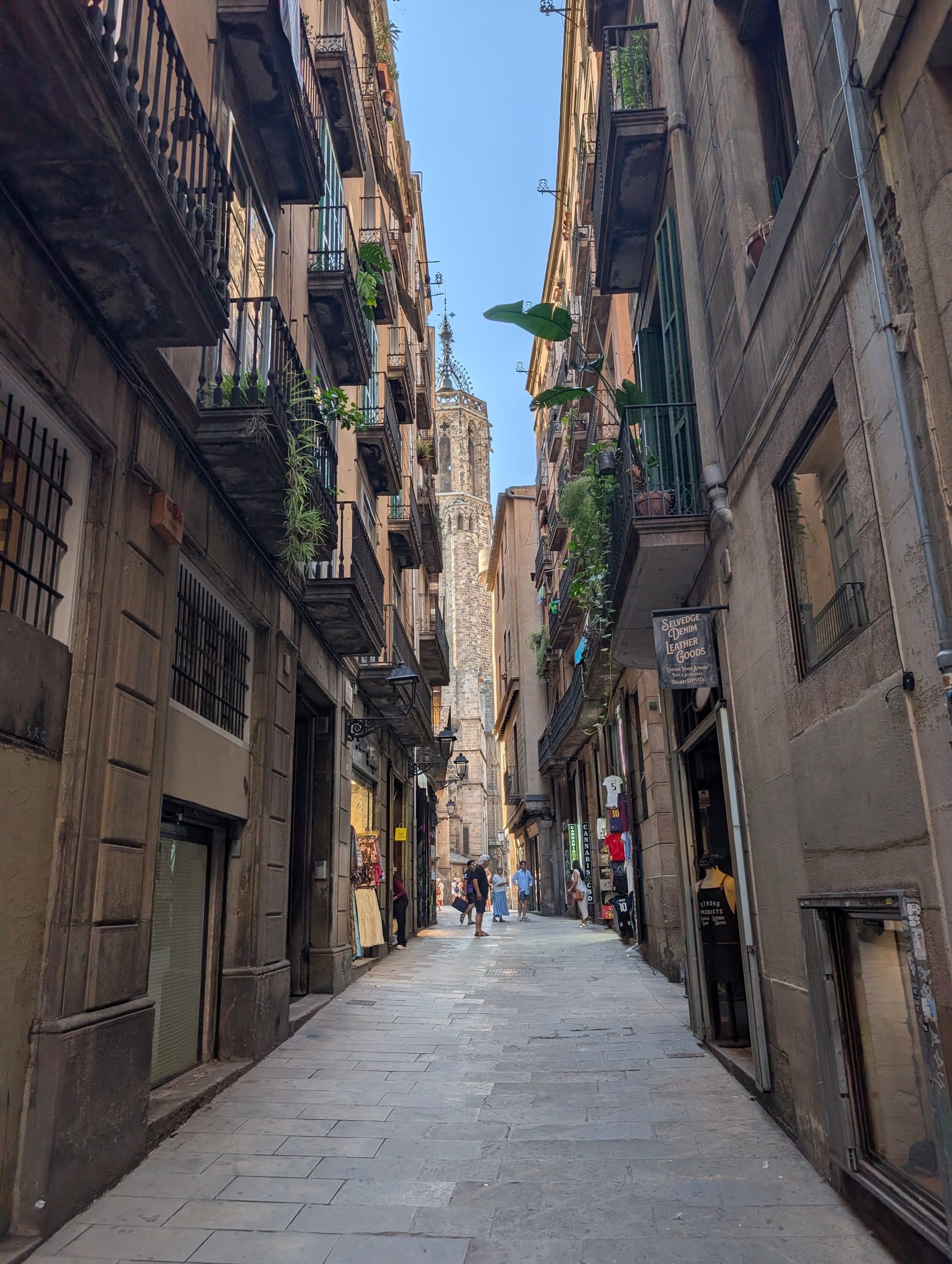 A narrow lane in the Gothic Quarter of Barcelona with the cathedral bell tower rising above the rooftops