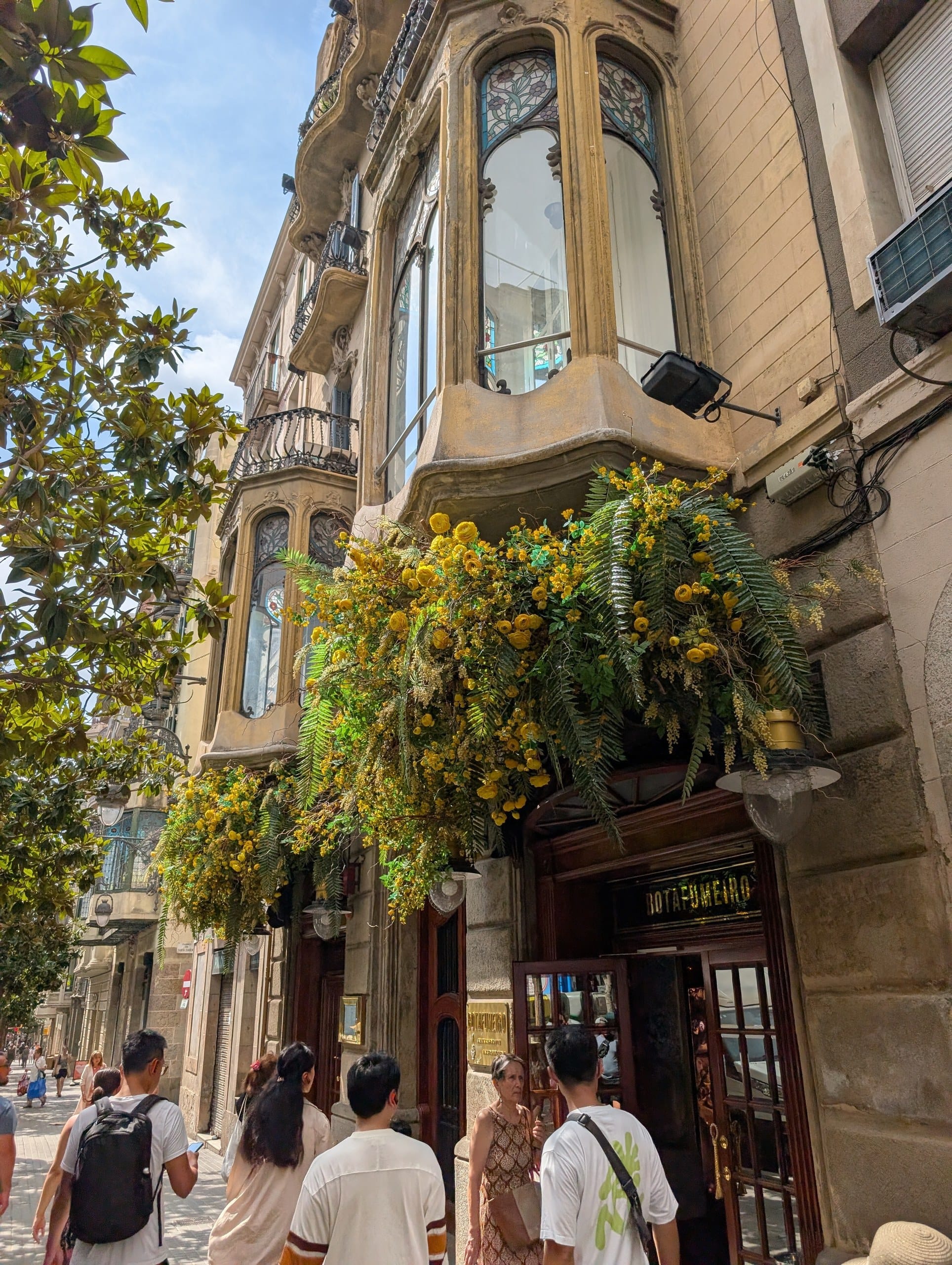 Modernista shopfront on Carrer Gran de Gràcia banked with yellow flowers