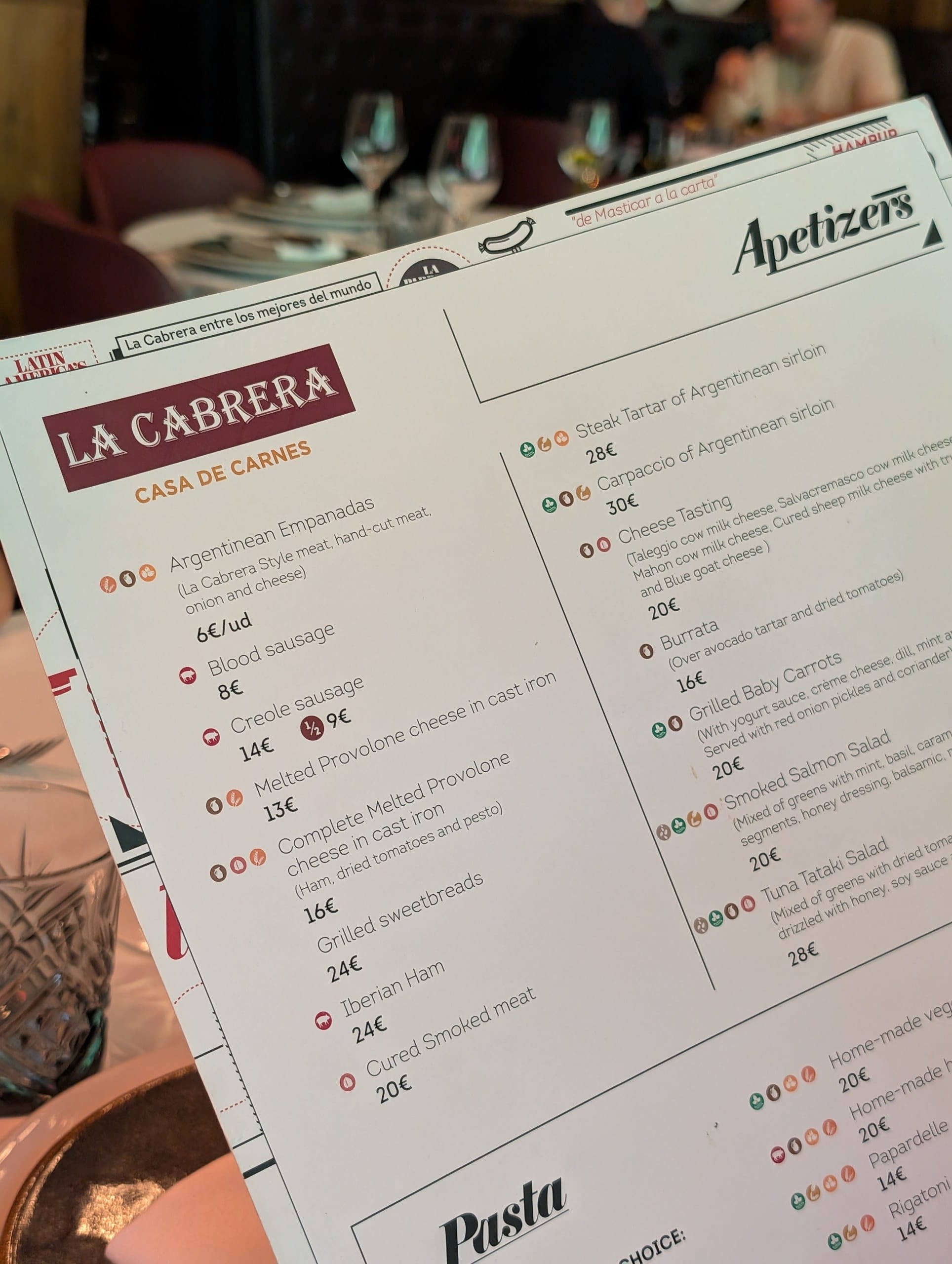 The English appetizers page of the menu at La Cabrera Barcelona showing the steak tartar of Argentinean sirloin