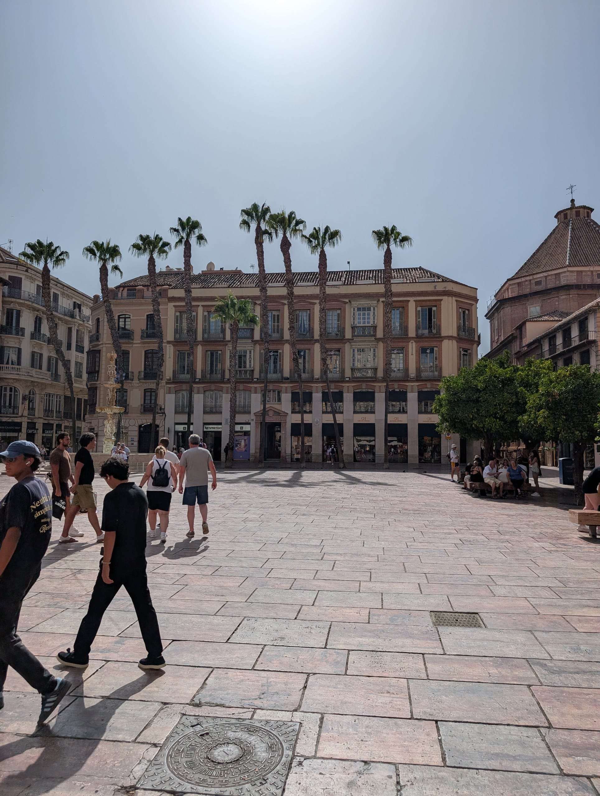 Plaza de la Constitucion in Malaga with palms and a marble fountain