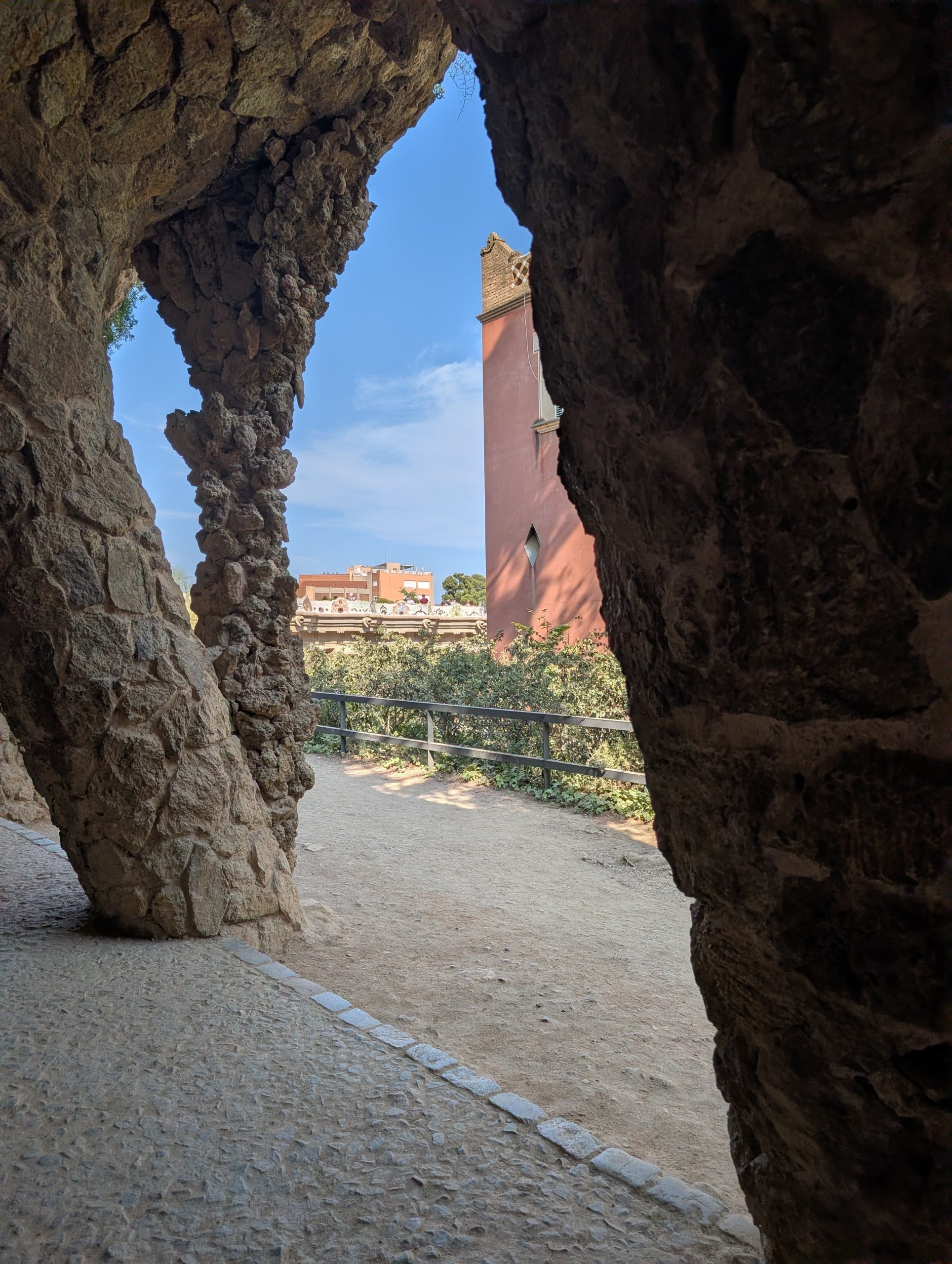 The leaning stone columns of the Portico of the Washerwoman at Park Guell
