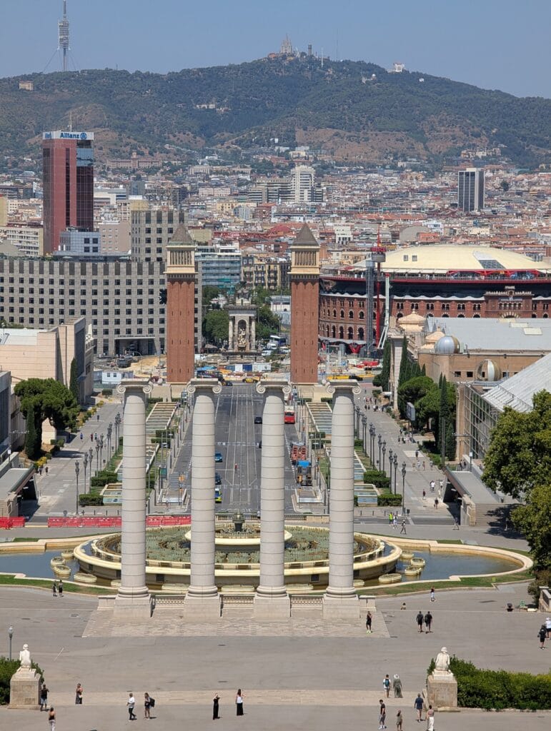 The Venetian towers and Placa d'Espanya seen from above at the MNAC terrace on Montjuic