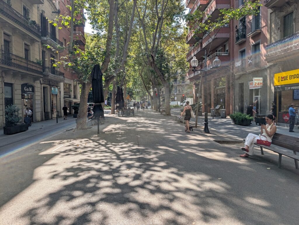 Morning shade along the Rambla del Poblenou, an easy walking route in Barcelona