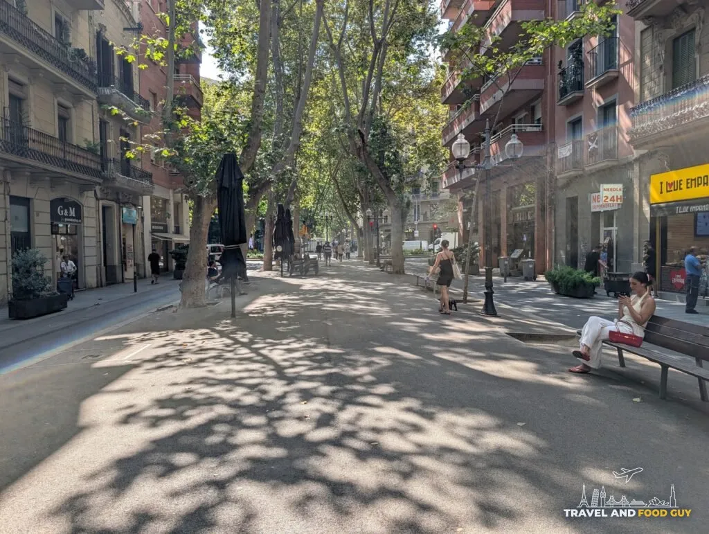 Morning shade along the Rambla del Poblenou, an easy walking route in Barcelona