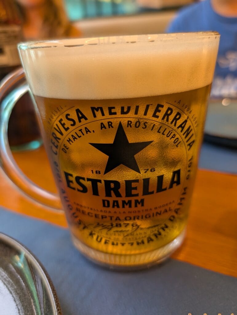 A jarra of Estrella Damm draft beer at Rincón Marino