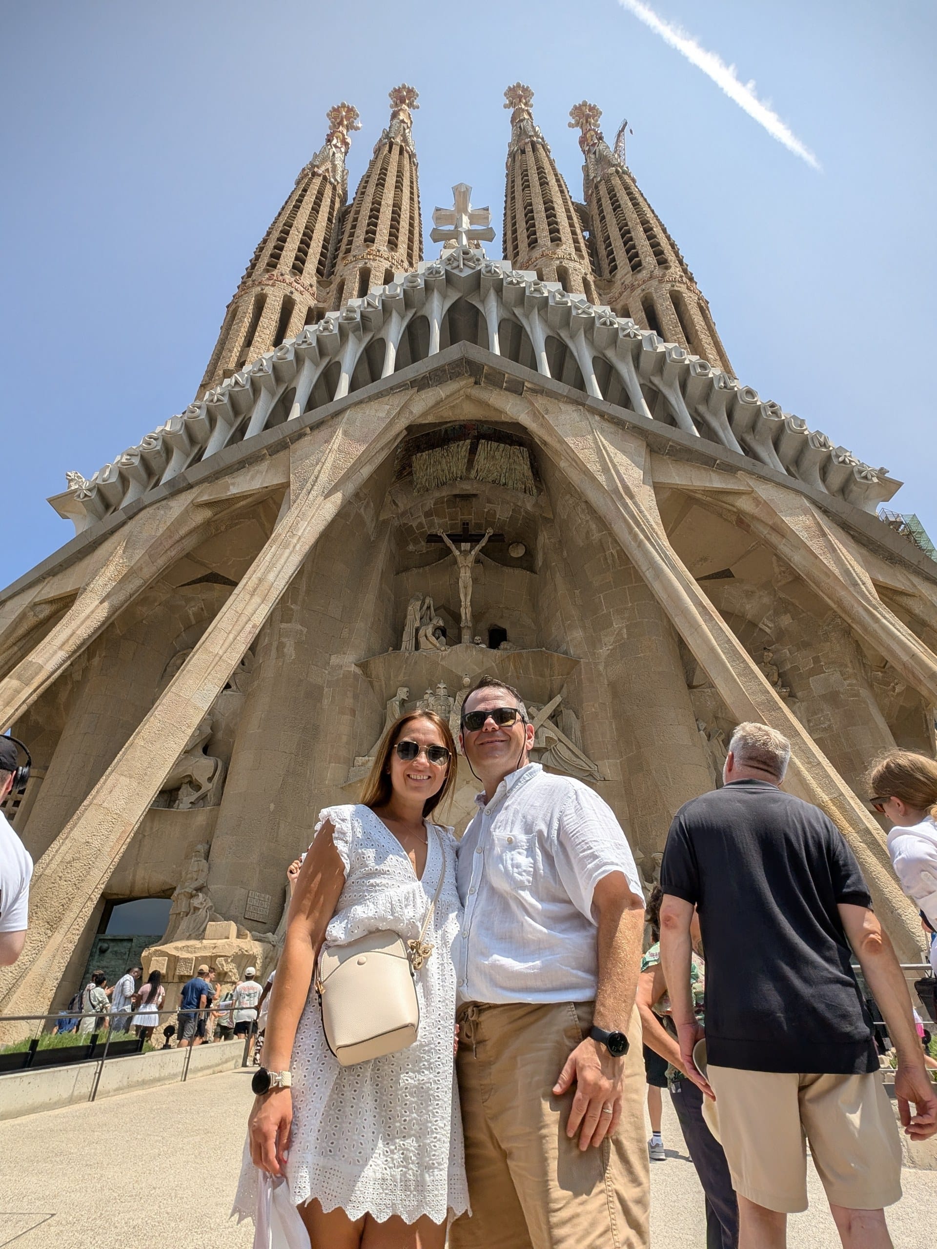 Alex and Vika in front of the Passion facade of the Sagrada Familia