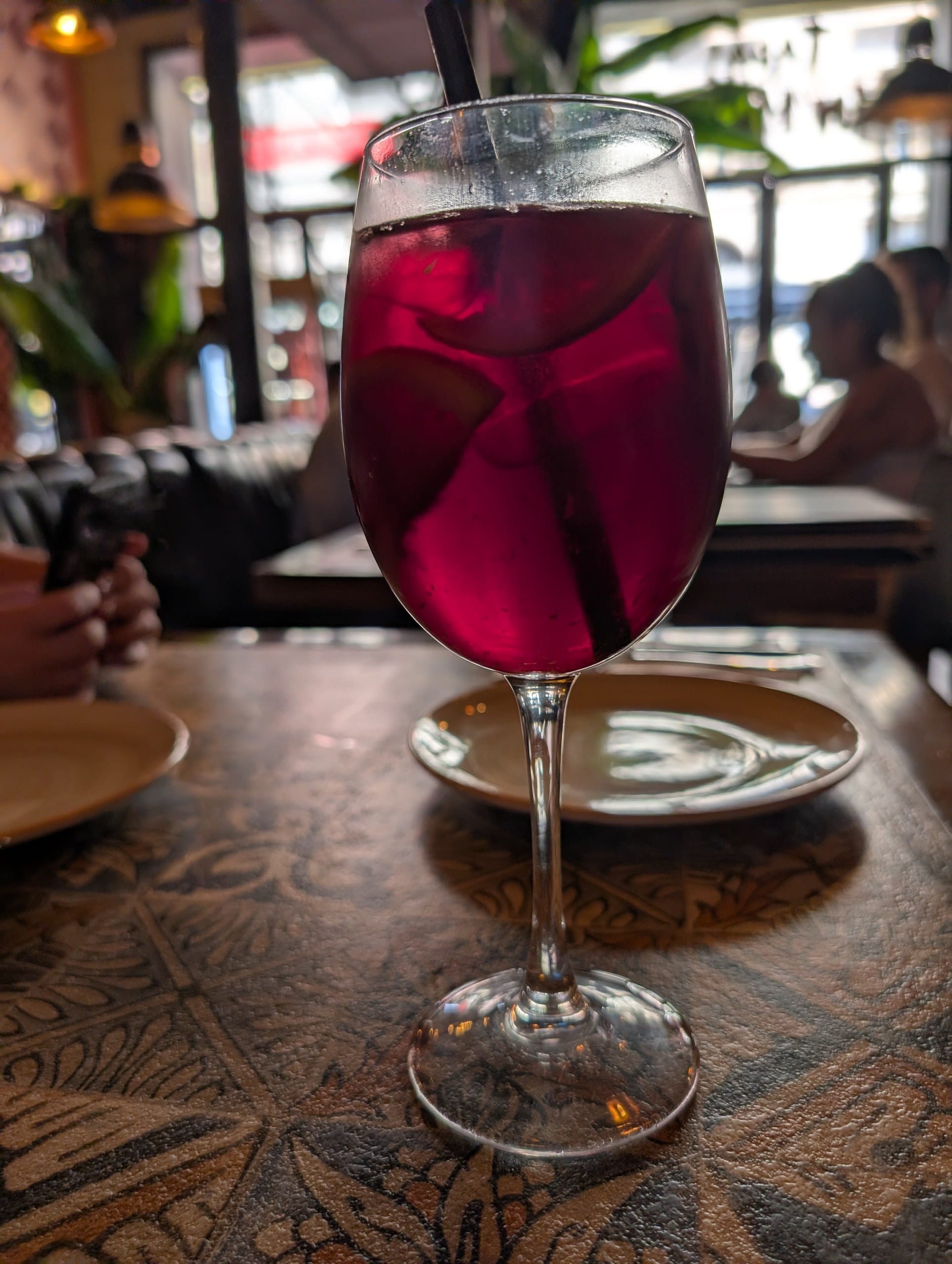 A glass of sangria on the table at Tapas San Miguel in Barcelona