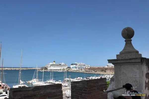 View from Forte Michelangelo over the Civitavecchia yacht marina to two cruise ships at the pier