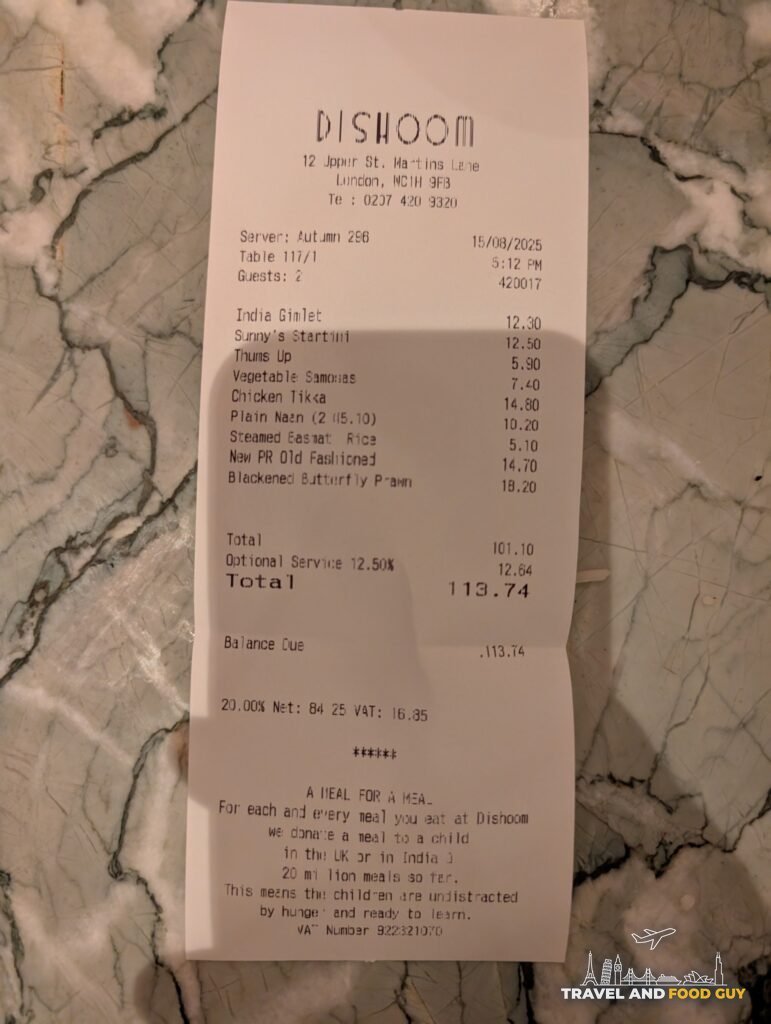 Dishoom Covent Garden receipt from our family visit, 113 pounds 74 including a 12.5 percent optional service charge.