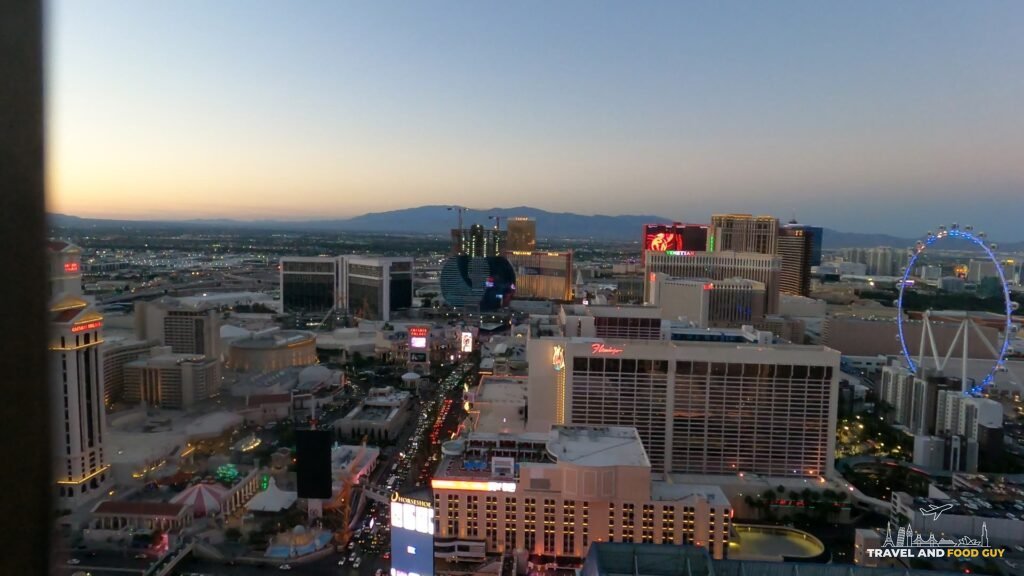 Sunset over the Las Vegas Strip and the High Roller wheel from the Eiffel Tower viewing deck
