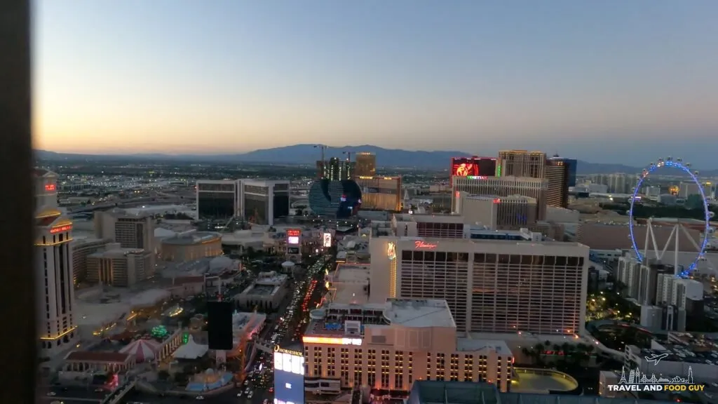Sunset over the Las Vegas Strip and the High Roller wheel from the Eiffel Tower viewing deck