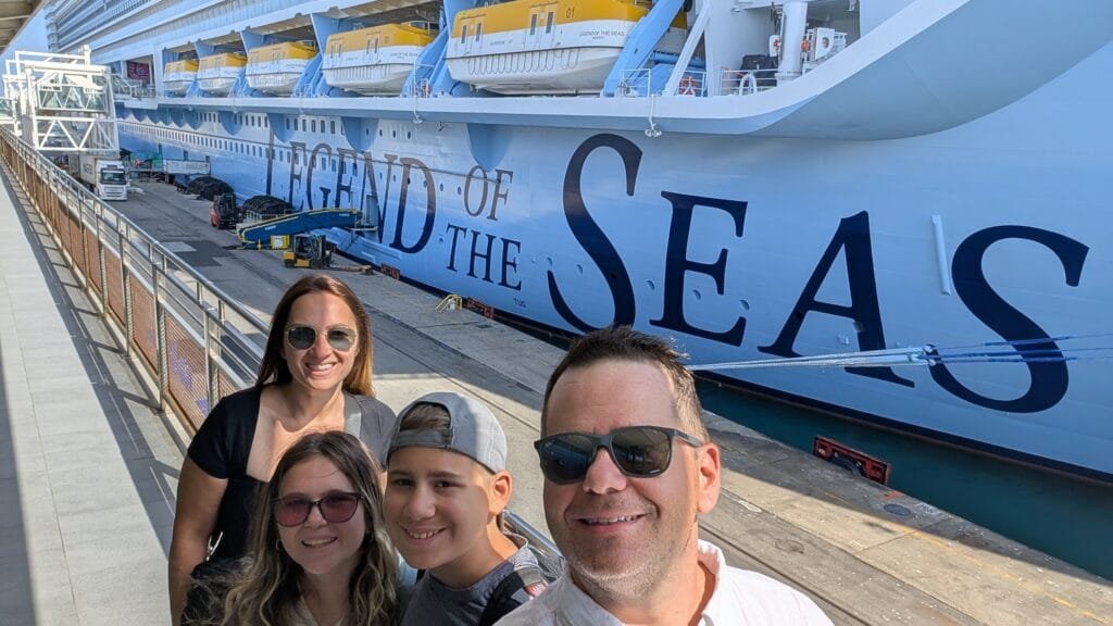 Our family in front of Legend of the Seas at the Civitavecchia cruise terminal