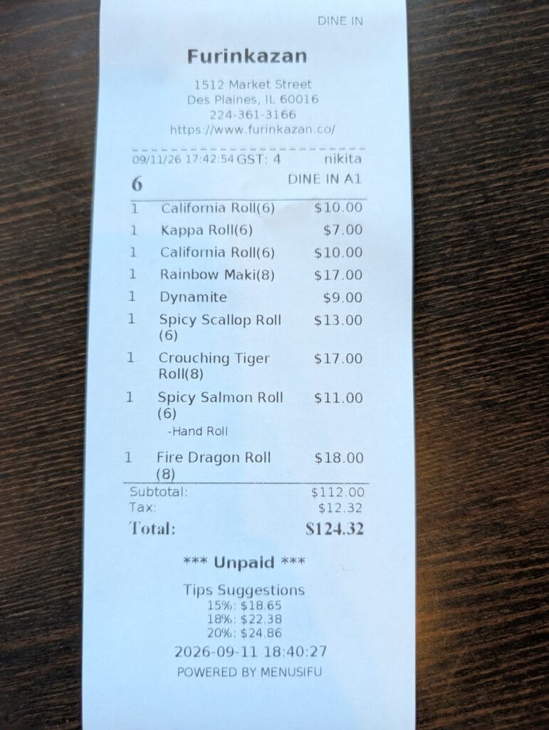 The itemized receipt for four people at Furinkazan, one hundred twenty four dollars and thirty two cents.
