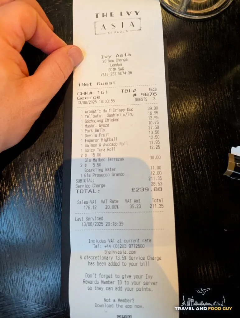 The Ivy Asia St Paul's receipt for three, 239 pounds 88 including a 13.5 percent discretionary service charge.