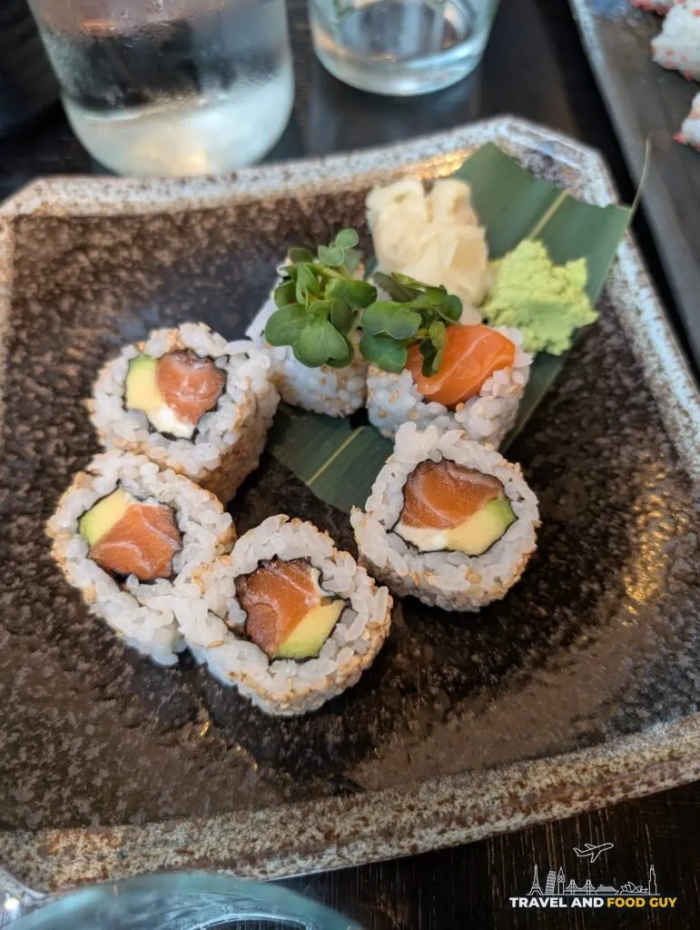 Salmon and avocado roll with wasabi and pickled ginger at The Ivy Asia St Paul's.