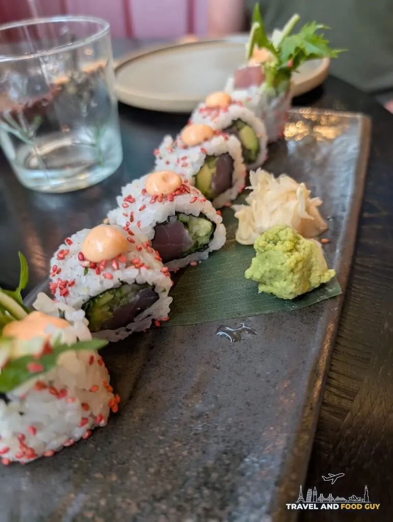 Spicy tuna roll topped with dots of spicy mayo at The Ivy Asia St Paul's.