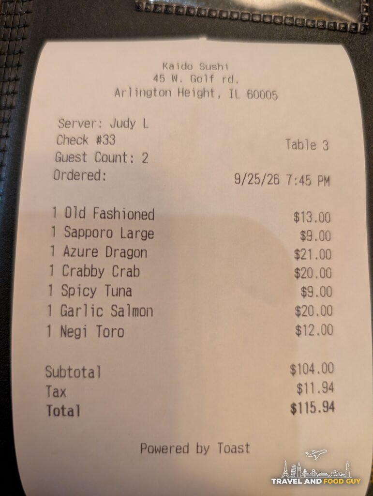 The itemized receipt for dinner for two at Kaido Sushi Bistro.