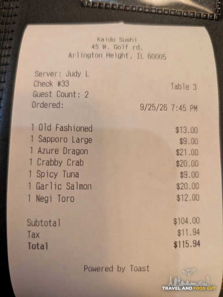 The itemized receipt for dinner for two at Kaido Sushi Bistro.