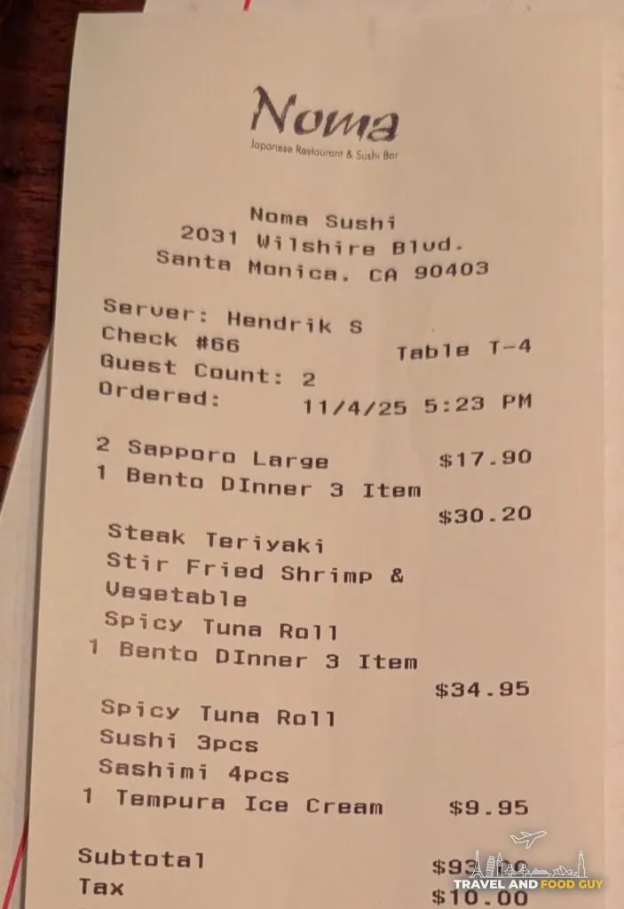 Itemized Noma Sushi receipt from the original 2031 Wilshire Blvd location in Santa Monica showing two bento dinners, two large Sapporos and tempura ice cream.