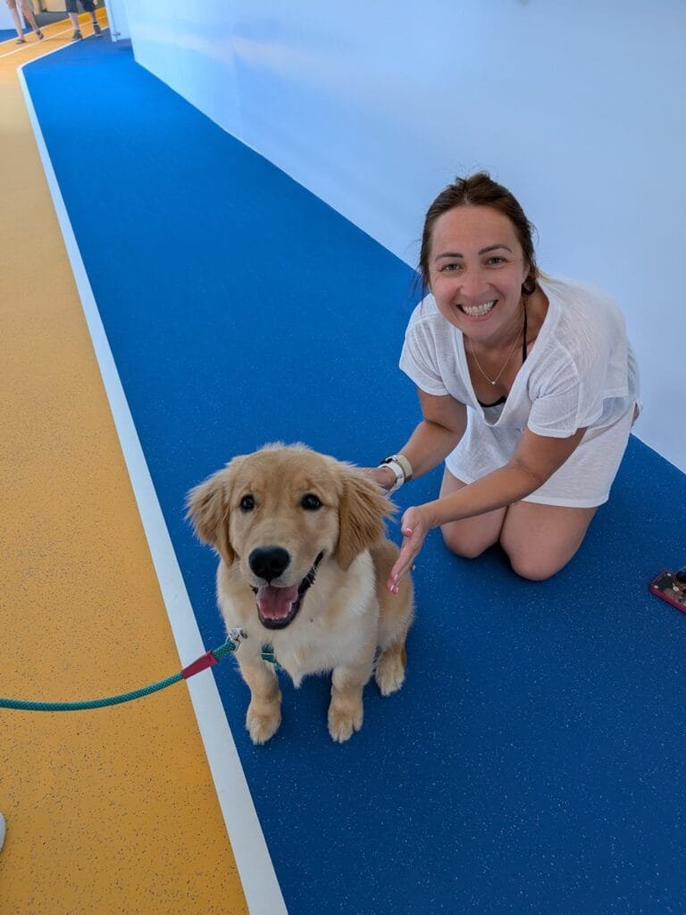 Skipper, the Chief Dog Officer of Legend of the Seas, on the running track