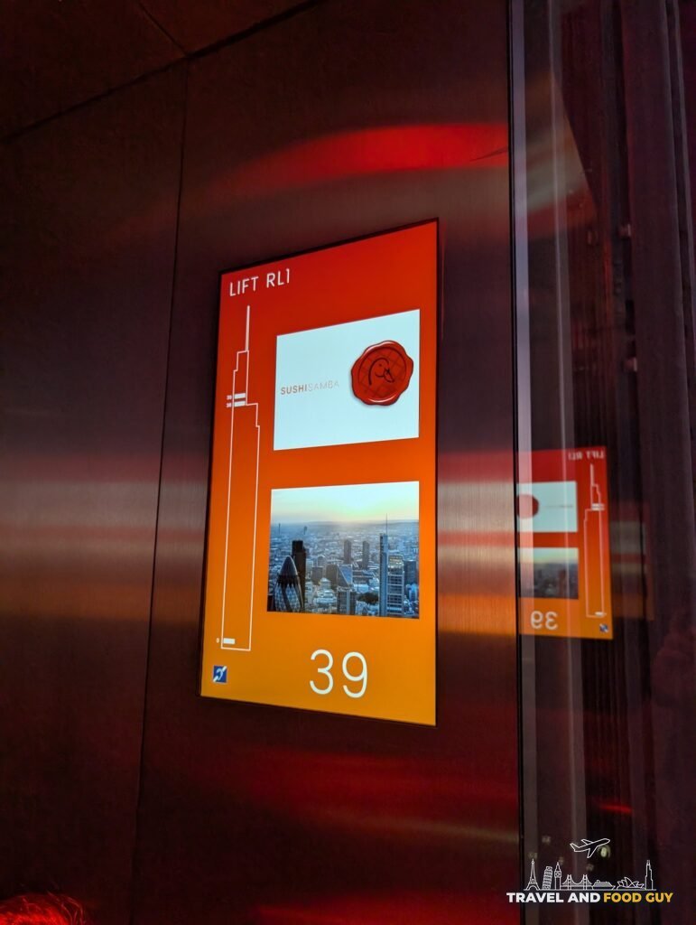 The display inside SUSHISAMBA London's glass elevator showing floor 39.