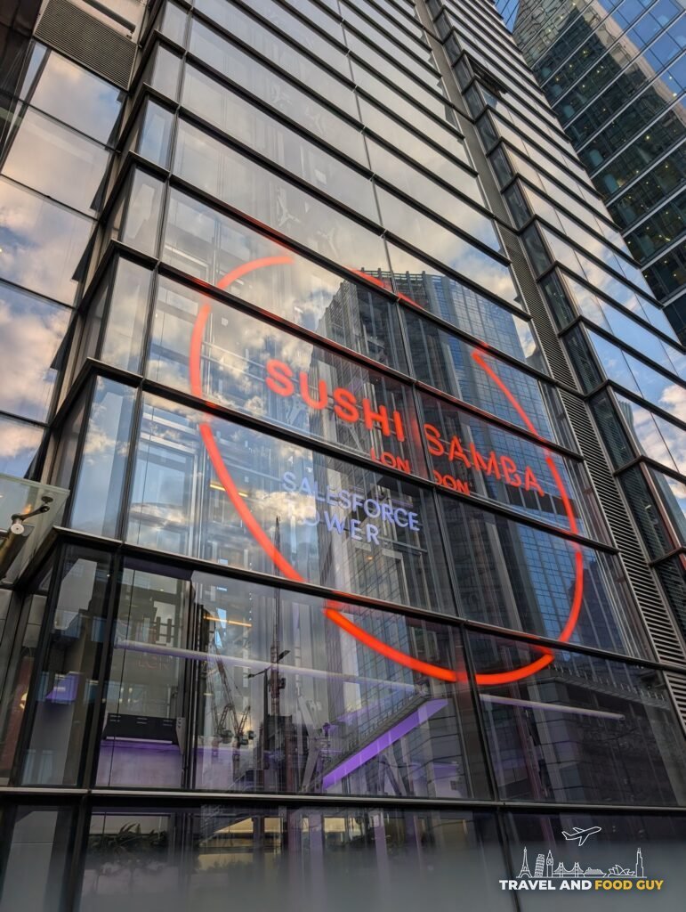The SUSHISAMBA London sign on the glass of Heron Tower at 110 Bishopsgate.