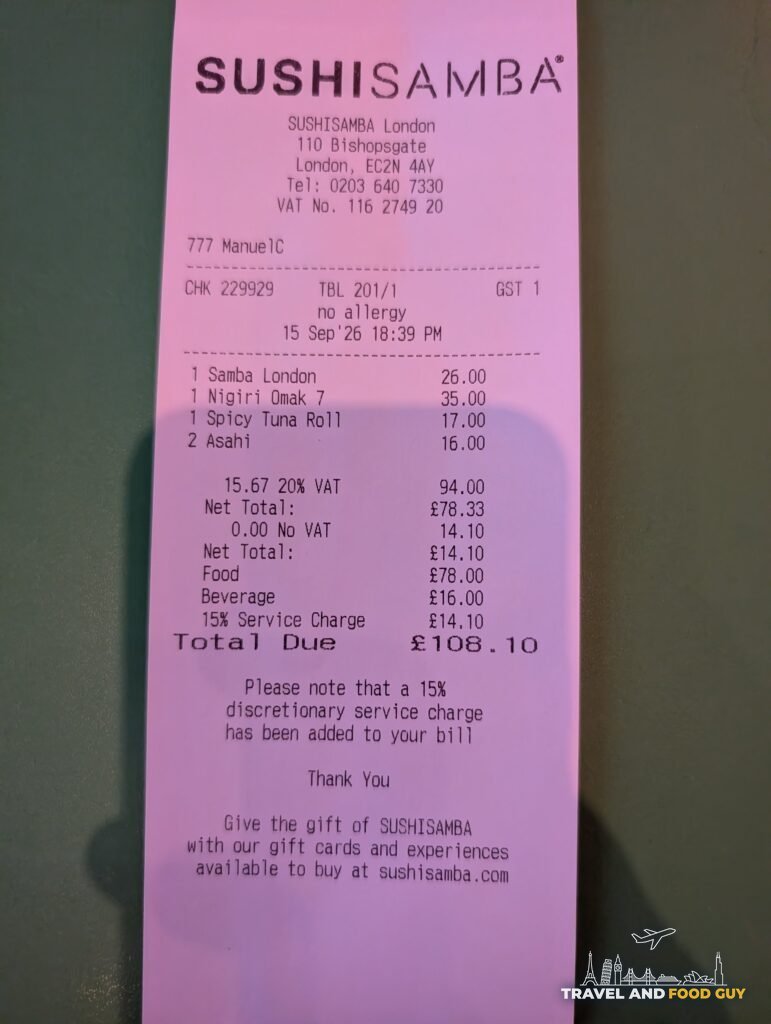 The SUSHISAMBA London receipt for one, 108 pounds and 10 pence including a 15 percent service charge.