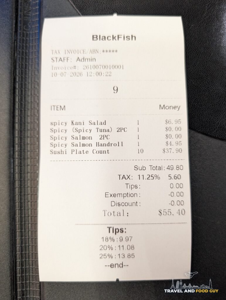 The Blackfish receipt for our lunch for two showing ten plates, a spicy kani salad and a spicy salmon hand roll, total $55.40.