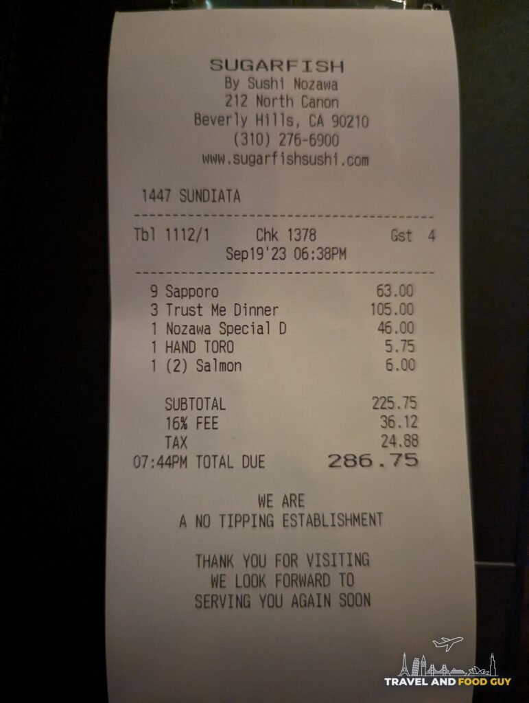 The itemized SUGARFISH Beverly Hills receipt for a dinner for four, with the note that it is a no tipping establishment.